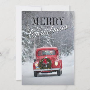 Red Pickup Truck Driving in Snow Holiday Card