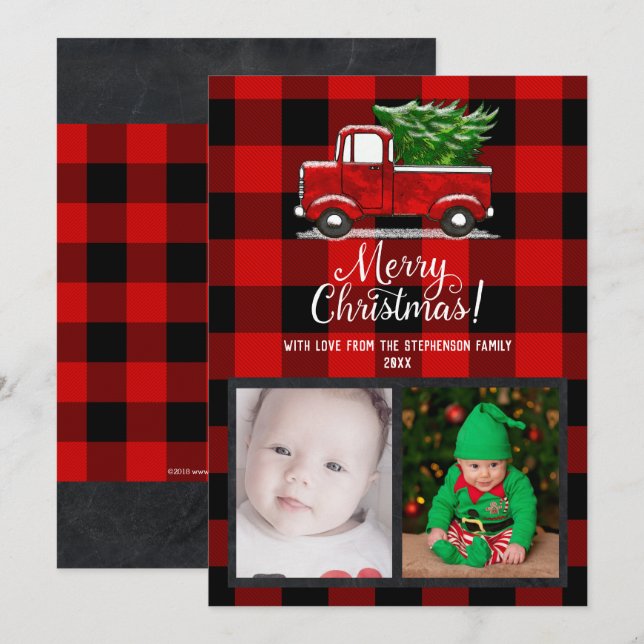 Red Pickup Truck Merry Christmas Family Photo Card (Front/Back)