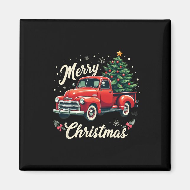 Red Pickup Truck Merry Christmas Tree Winter Holid Magnet (Front)