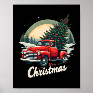 Red Pickup Truck Merry Christmas Tree Winter Holid Poster
