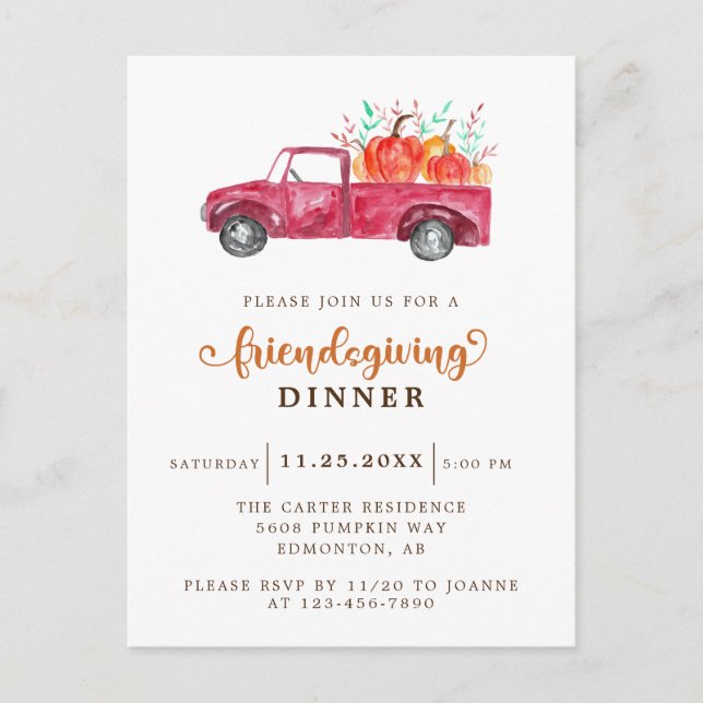 Red Pickup Truck Pumpkin Friendsgiving Elegant Postcard (Front)