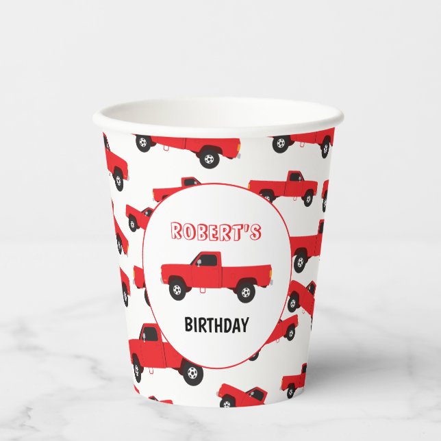 Red Pickup Truck Transportation Trucks Birthday Paper Cups (Front)