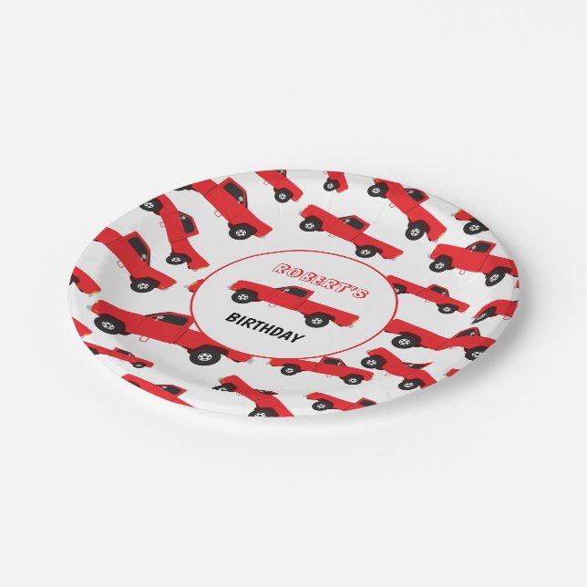 Red Pickup Truck Transportation Trucks Birthday Paper Plate (Angled)