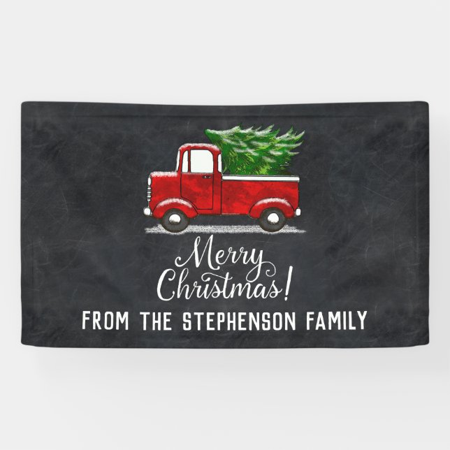 Red Pickup Truck Tree Merry Christmas Country Banner (Horizontal)