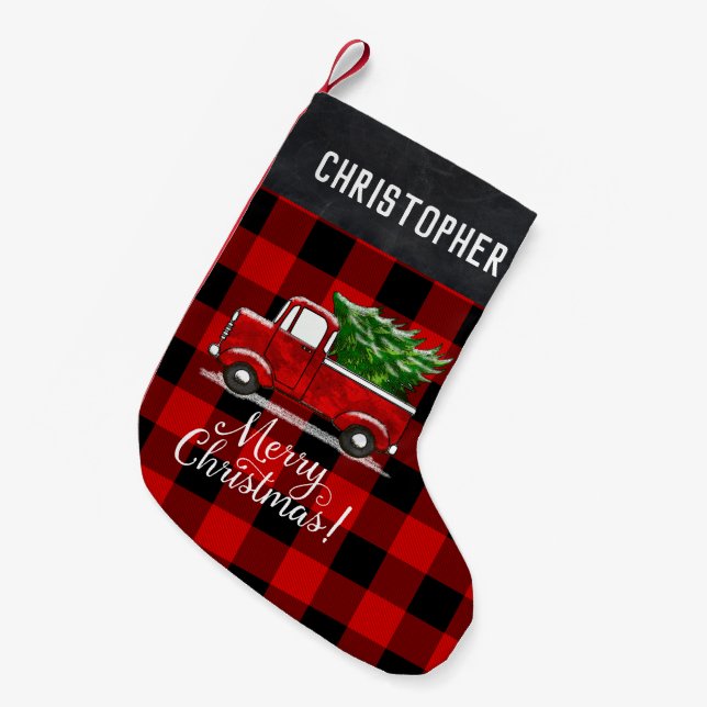 Red Pickup Truck Tree Merry Christmas Personalised Small Christmas Stocking (Front (Hanging))