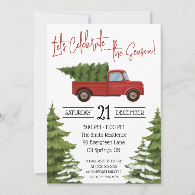 Red Pickup Truck with Christmas Tree Holiday Invitation (Front)