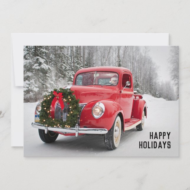 Red Pickup Truck with Christmas Wreath Holiday Card (Front)