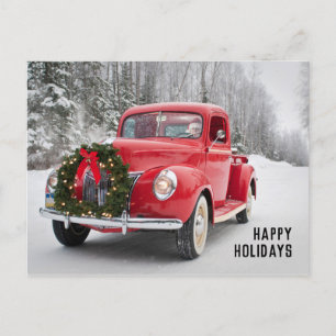 Red Pickup Truck with Christmas Wreath Holiday Postcard