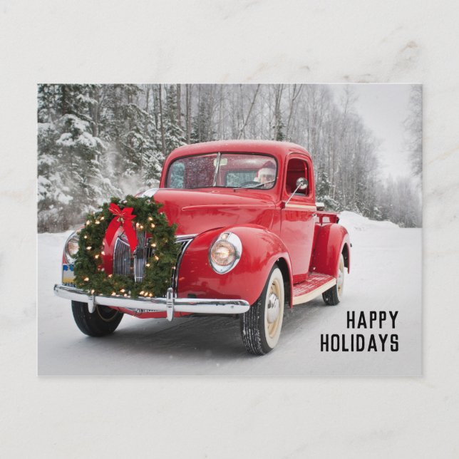 Red Pickup Truck with Christmas Wreath Holiday Postcard (Front)