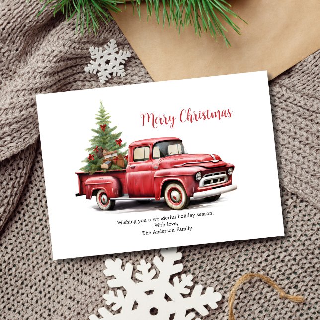 Red Pickup Truck with Tree in Back Christmas Card (Red Pickup Truck with Tree in back Christmas Holiday Card, Digital and Printed)