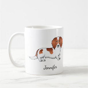 Red Piebald Long Hair Dachshund Cartoon Dog & Name Coffee Mug