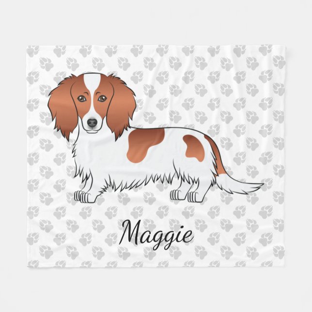 Red Piebald Long Hair Dachshund Cartoon Dog & Name Fleece Blanket (Front (Horizontal))