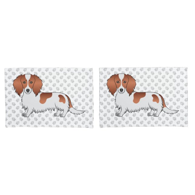 Red Piebald Long Hair Dachshund Cartoon Dog & Paws Pillowcase (Front-Set)