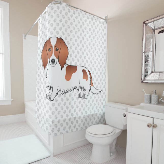 Red Piebald Long Hair Dachshund Cartoon Dog & Paws Shower Curtain (In Situ)