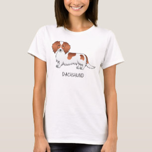 Red Piebald Long Hair Dachshund Cartoon Dog & Text T-Shirt