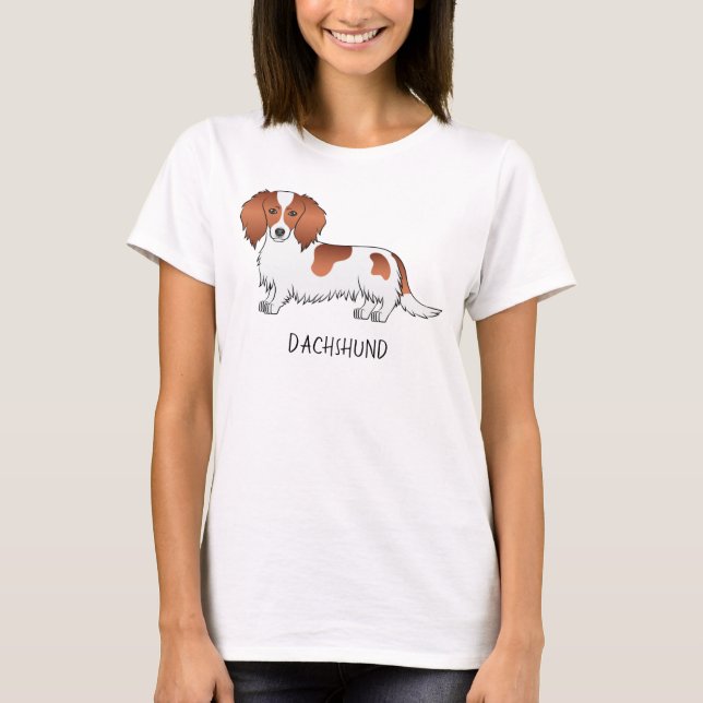 Red Piebald Long Hair Dachshund Cartoon Dog & Text T-Shirt (Front)