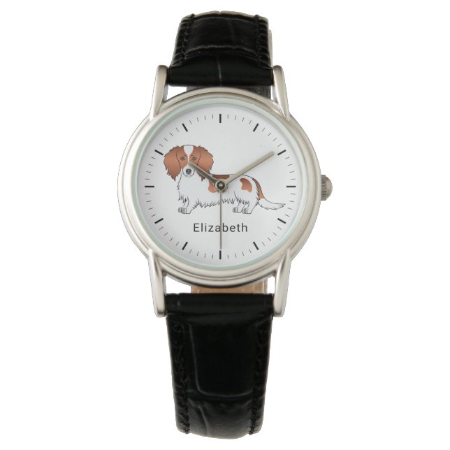 Red Pied Long Hair Dachshund Cartoon Dog & Name Watch (Front)