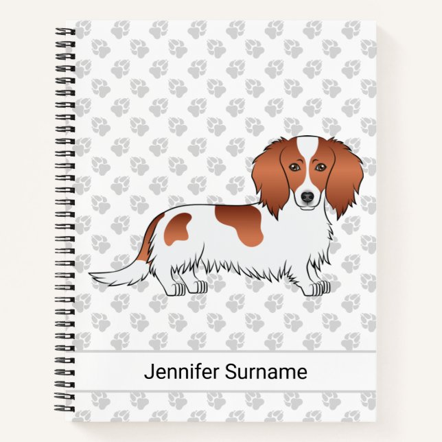 Red Pied Long Hair Dachshund Cartoon Dog & Text Notebook (Front)