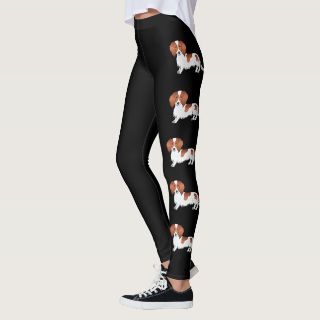 Red Pied Long Hair Dachshund Cartoon Dogs On Black Leggings (Left)