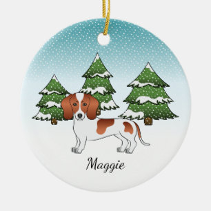 Red Pied Short Hair Dachshund Dog - Winter Forest Ceramic Tree Decoration