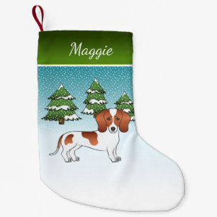 Red Pied Short Hair Dachshund Dog - Winter Forest Small Christmas Stocking