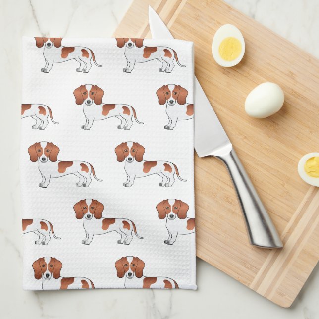 Red Pied Smooth Coat Dachshund Cartoon Dog Pattern Tea Towel (Quarter Fold)