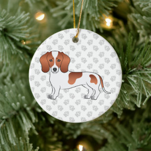 Red Pied Smooth Hair Dachshund Cartoon Dog & Text Ceramic Tree Decoration