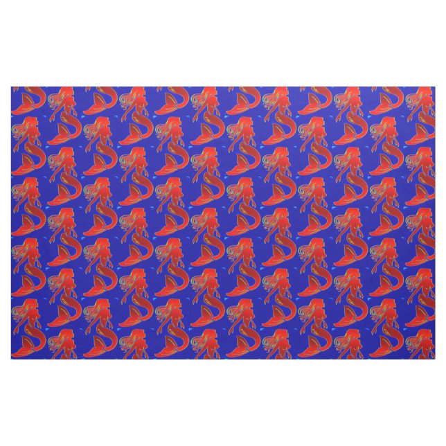 red pin-up mermaids on blue fabric (Fat Quarter)