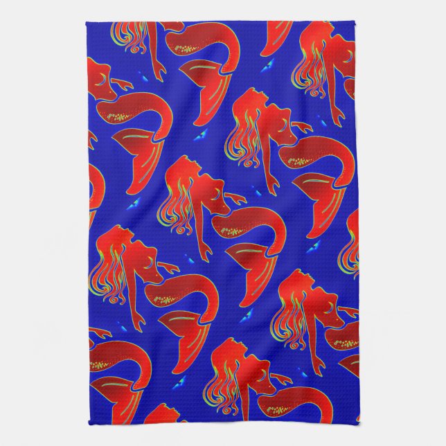 red pin-up mermaids tea towel (Vertical)