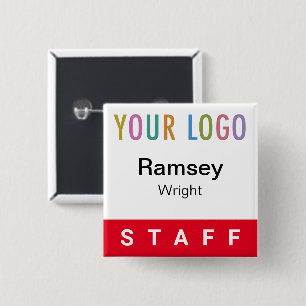 Red Pinback Staff Badge Event Logo Square Name