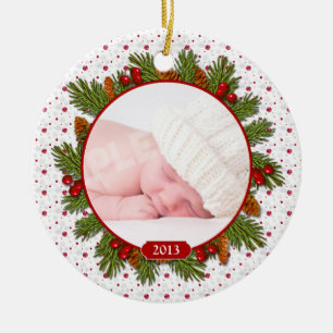 Red Pine Boughs Holly Baby's First Christmas Ceramic Tree Decoration