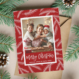 Red Pine Branch Pattern Merry Christmas Photo Holiday Card