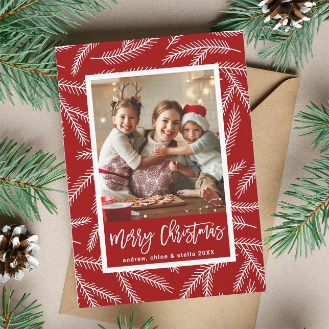Red Pine Branch Pattern Merry Christmas Photo Holiday Card (Creator Uploaded)
