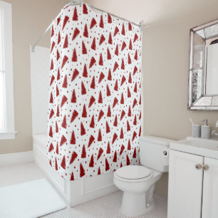 red pine forest winter holiday shower curtain