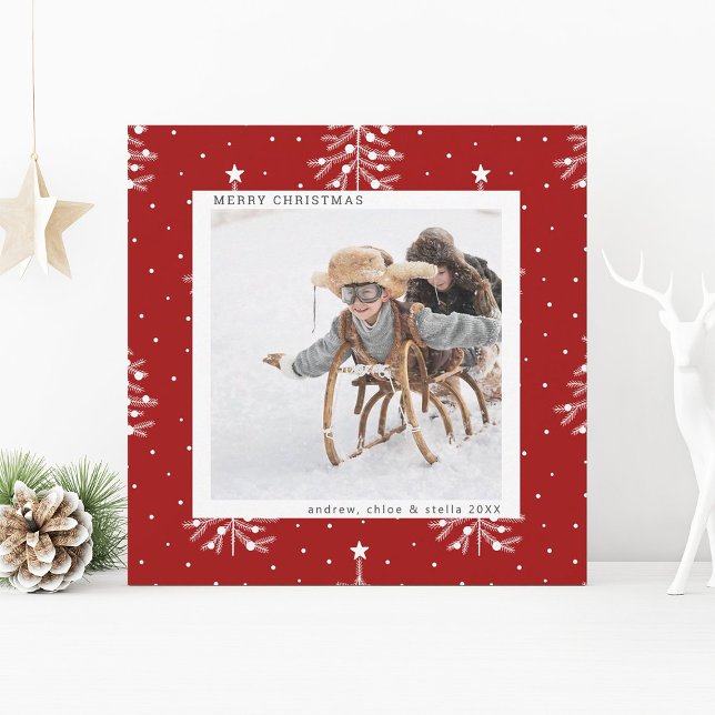 Red | Pine Tree Christmas Photo Square Holiday Card (Creator Uploaded)