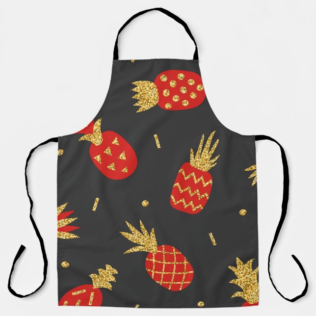 Red pineapple, glitter, black background. apron (Front)