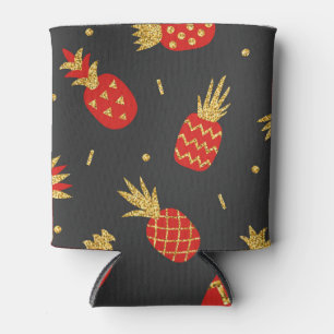 Red pineapple, glitter, black background. can cooler