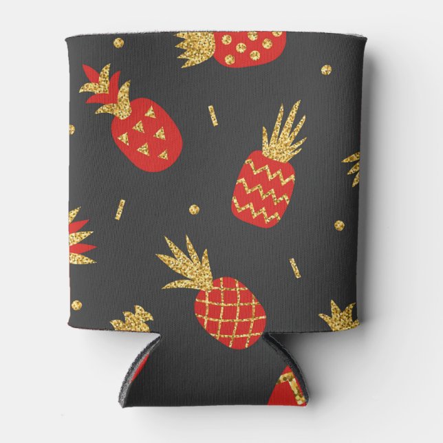 Red pineapple, glitter, black background. can cooler (Front)