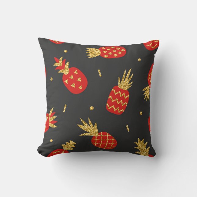 Red pineapple, glitter, black background. cushion (Front)