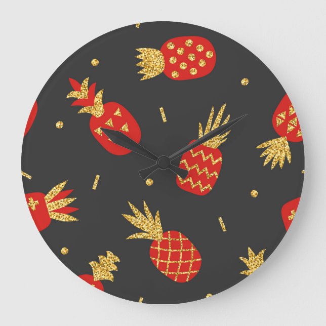 Red pineapple, glitter, black background. large clock (Front)
