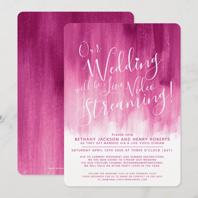 Red pink abstract art live streaming wedding invitation (Front/Back)