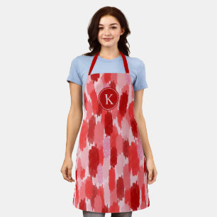 Red Pink Abstract Brushstrokes Pattern Monogram  Apron