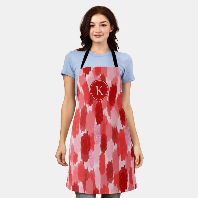 Red Pink Abstract Brushstrokes Pattern Monogram  Apron (Worn)