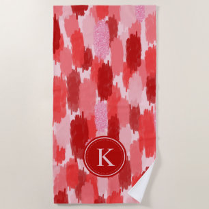 Red Pink Abstract Brushstrokes Pattern Monogram Beach Towel