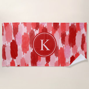 Red Pink Abstract Brushstrokes Pattern Monogram  Beach Towel