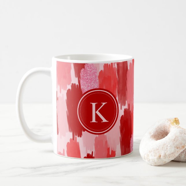 Red Pink Abstract Brushstrokes Pattern Monogram Coffee Mug (With Donut)