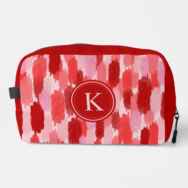 Red Pink Abstract Brushstrokes Pattern Monogram  Dopp Kit (Front)
