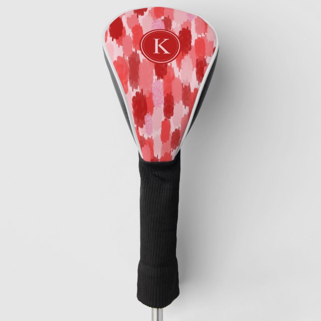 Red Pink Abstract Brushstrokes Pattern Monogram  Golf Head Cover (Front)