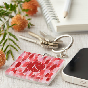 Red Pink Abstract Brushstrokes Pattern Monogram Key Ring