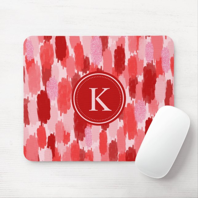 Red Pink Abstract Brushstrokes Pattern Monogram  Mouse Mat (With Mouse)